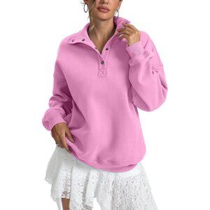Women's Light Pink Sweatshirts Trendy Tops Fleece Henley Neck Long Sleeve Button